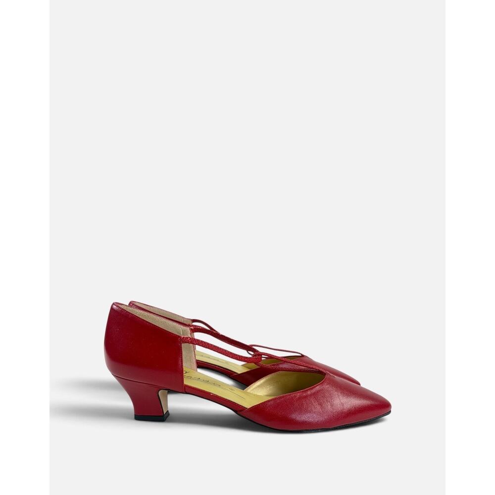 VTG Caressa Spain Red Leather Kitten Heel Pumps Sz 7.5 T-Strap Mary Jane Pin Up